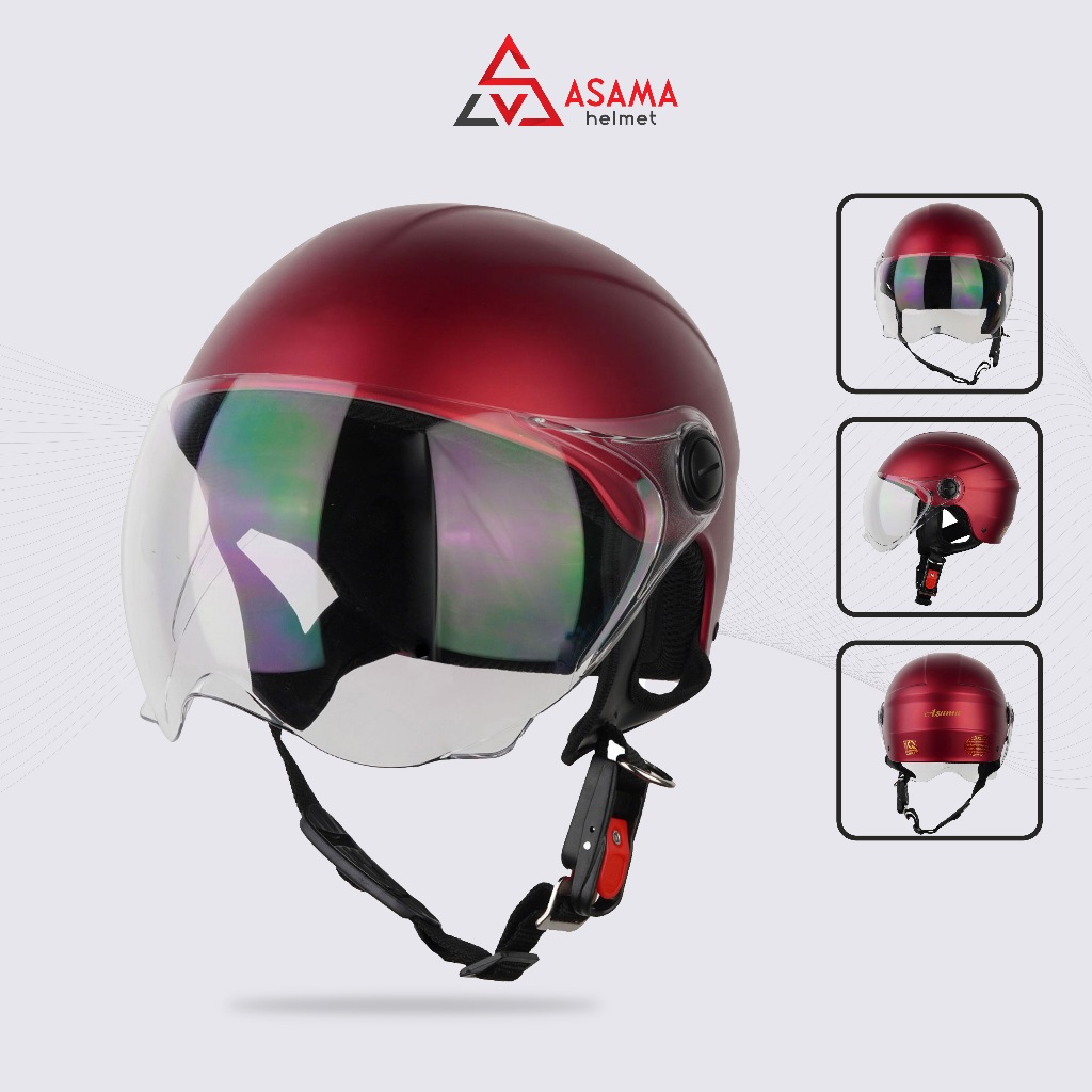 Mũ bảo hiểm nửa đầu có kính ASAMA HELMET ASM001 - ĐỎ, thời trang, chống UV, chuẩn ABS nguyên sinh