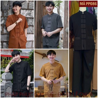 Pháp Phục Lễ Chùa Nam, Mã Pháp Phục Nam Tay Ngắn, Chất Liệu Đũi Tằm Cao Cấp, Pháp Phục Đi Chùa, Bộ Lễ Phục Đi Chùa PP086