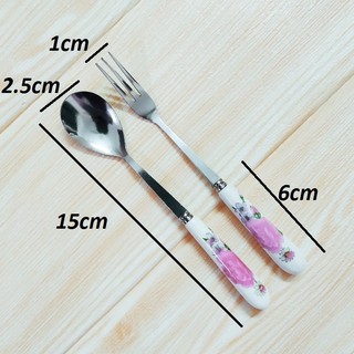 Thìa cán sứ dĩa inox cán sứ nĩa loại 1-GDHT-hàng đẹp giá rẻ cafe - nĩa(Rĩa)