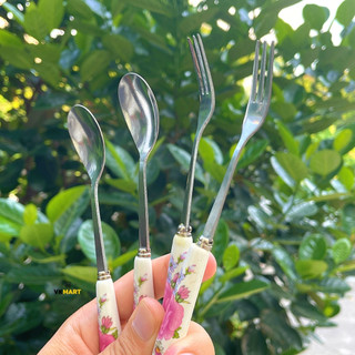 Thìa cán sứ dĩa inox cán sứ nĩa loại 1-GDHT-hàng đẹp giá rẻ cafe - nĩa(Rĩa)
