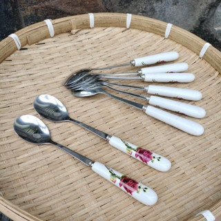 Thìa cán sứ dĩa inox cán sứ nĩa loại 1-GDHT-hàng đẹp giá rẻ cafe - nĩa(Rĩa)
