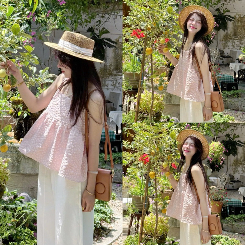 (TẶNG KÈM QUÂY DÂY) Set áo babydoll gấm xốp hoa xoè kèm áo dây PEACHY TOP | BigBuy360 - bigbuy360.vn