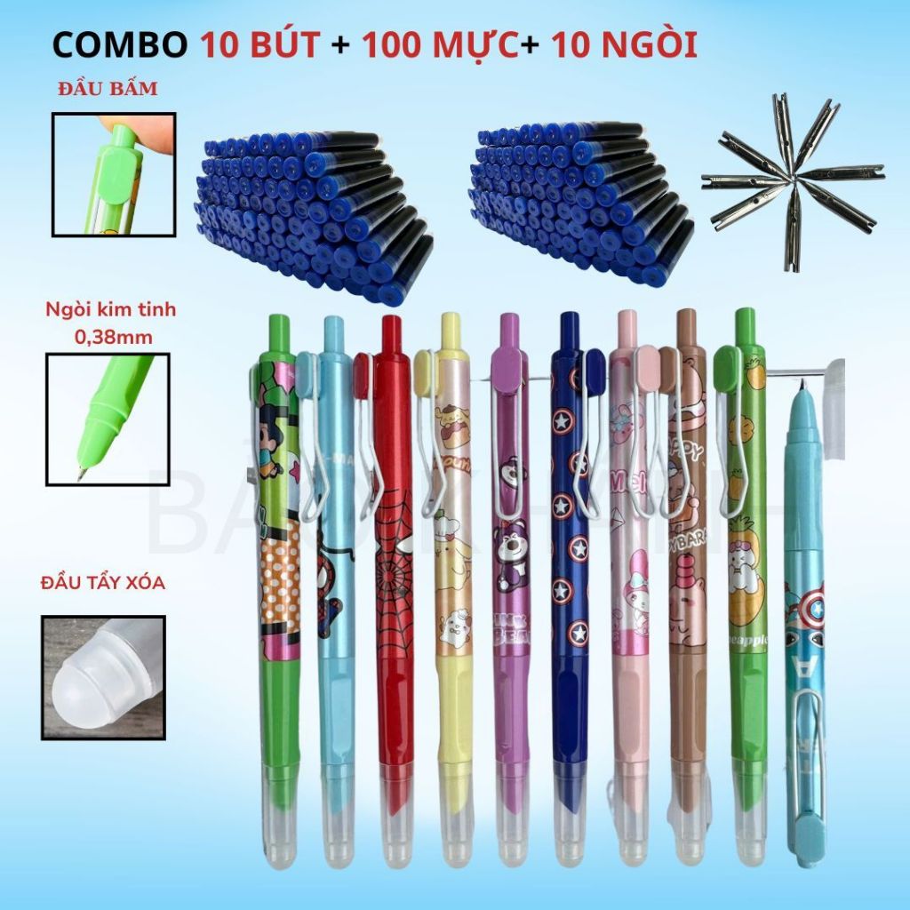 [Tặng 100 Ống Mực] COMBO 10 Bút Máy Ngòi Kim Tinh + 100 Mực + 10 ngòi .Bút Máy Bấm Có Thể Thu Ngòi.