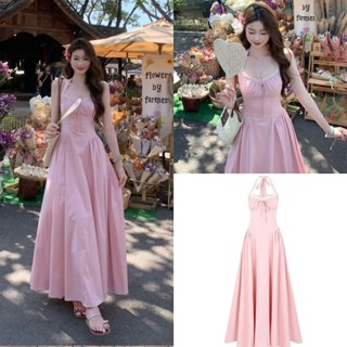 Váy Nữ Thiết Kế Cổ Yếm Phối Viền Ren Thắt Nơ Xinh Chiết Eo Maxi Dáng Xoè Tone Hồng Nàng Thơ Mộng Mơ