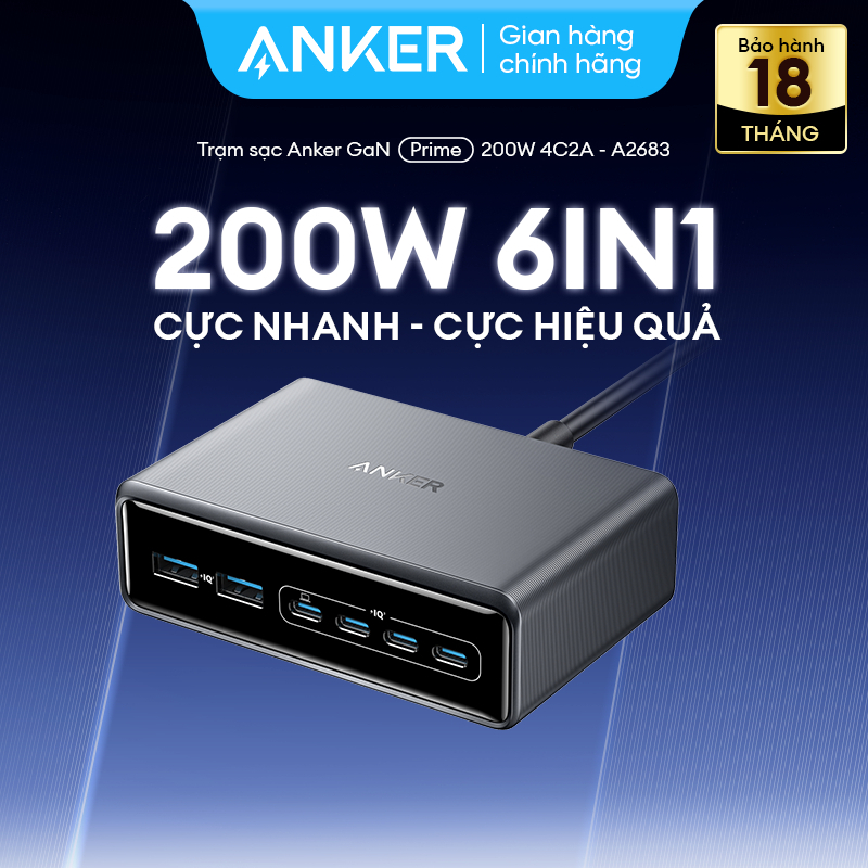 Trạm sạc nhanh Anker Prime 200w GaN 6 cổng hỗ trợ PD sạc nhanh 100W tối đa, sạc tối ưu (kèm dây 2 ch