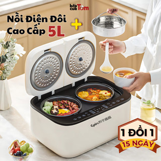 Nồi cơm điện 2 ngăn đa năng cao cấp, chiên, xào, hấp, cháo tiện ích cho mẹ. Nồi điện 5L chính hãng bảo hành 12 tháng