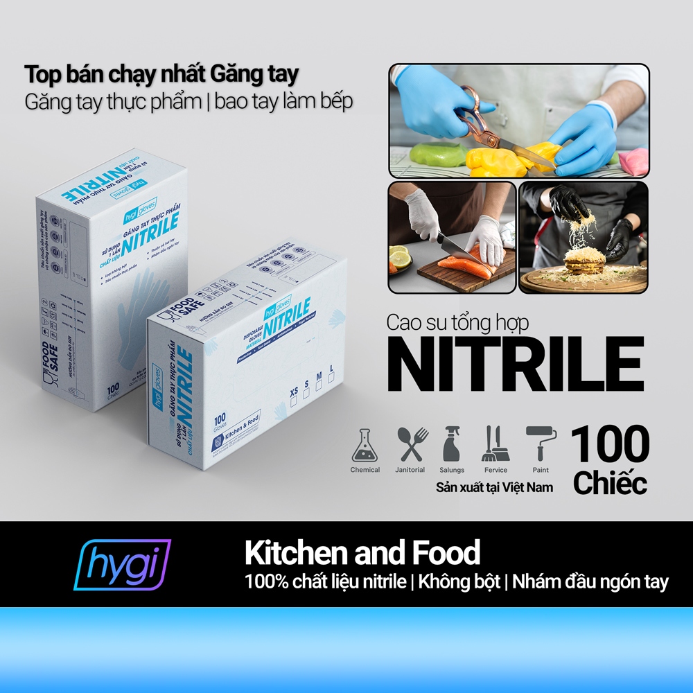Găng tay thực phẩm nitrile Hygi Kitchen and Food, màu Xanh | Trắng | Đen, hộp 100 chiếc
