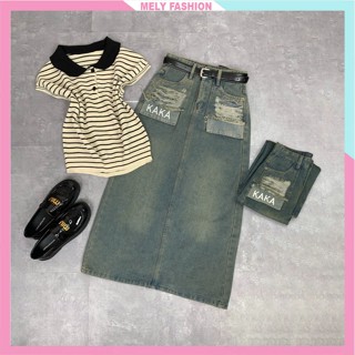 Chân váy jean bò denim dáng dài suông chữ a xẻ sau lưng cao túi rách tua mài thêu chữ KAKA VB01