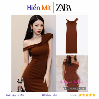 ZARA Đức - Đầm body dáng dài midi lệch vai trễ vai màu nâu gạch sale auth new tag cao cấp chính hãng có sẵn 5039/466