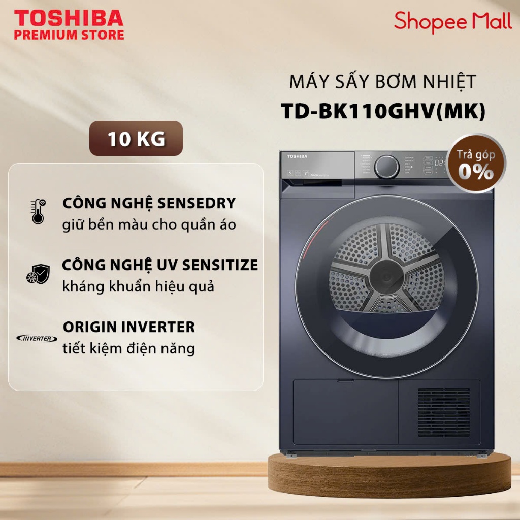 Máy Sấy Bơm Nhiệt Toshiba Inverter 10 Kg TD-BK110GHV(MK) - 12 Chương Trình Sấy - Công Nghệ SenseDry 
