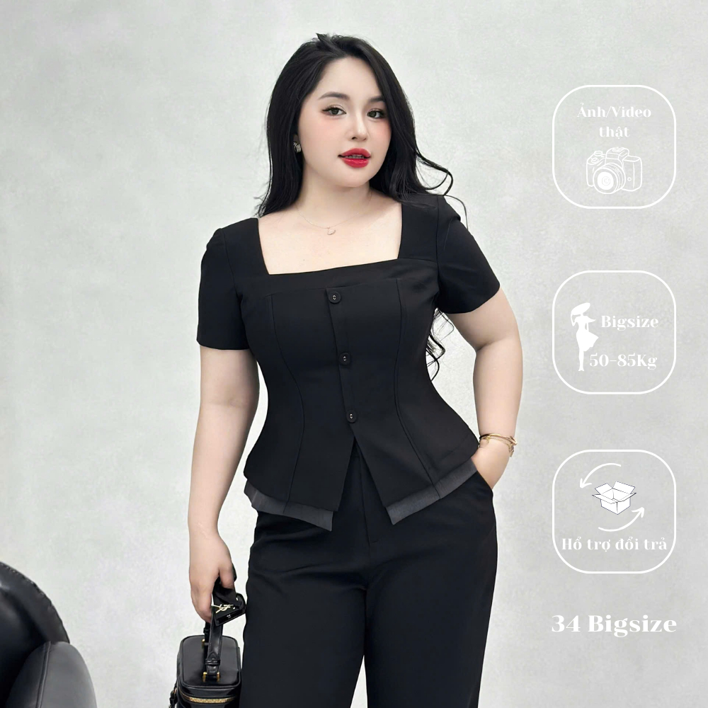 Áo kiểu cúc dọc 34AK049 34 Bigsize, áo kiểu bigsize tay ngắn công sở cho nữ đi làm đi tiệc