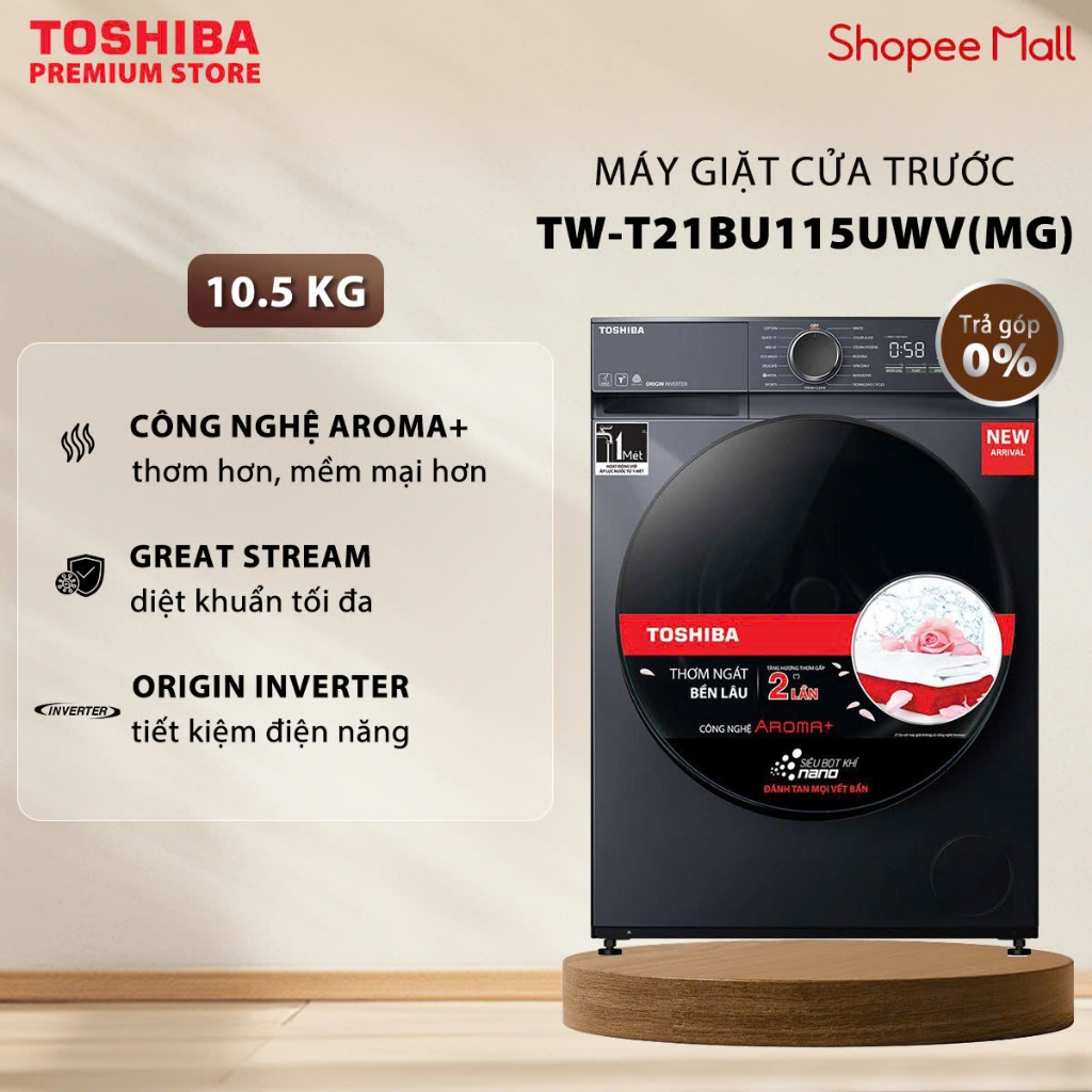 Máy Giặt Cửa Trước Toshiba Inverter 10.5 Kg TW-T21BU115UWV(MG) - 15 Chương Trình Giặt - Kết Nối Wifi
