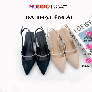  Giày Cao Gót Nữ Mũi Nhọn 3cm và 5cm Da Thật Phối Quai Đá NUDDO Guốc Slingback Nữ Đế Vuông N3900D 