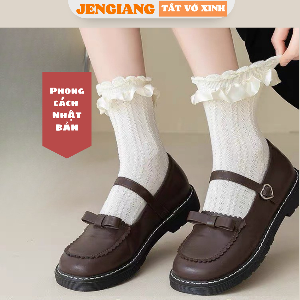 Tất vớ cao cổ nữ phối ren đính nơ Jengiang cotton co giãn thoáng khí phong cách nữ sinh lolita y2k Nhật Bản ZT650 | BigBuy360 - bigbuy360.vn