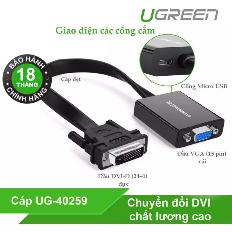 Cáp chuyển DVI to Vga Ugreen 40259 MM108 (DVI D 24+1 Male to VGA FeMale )