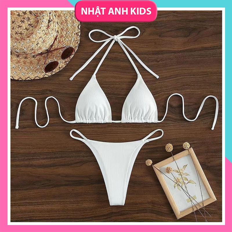 [HOT] Set Bikini Nữ 2 Mảnh Gân Sọc Co Giãn Dây Buộc Quyến Rũ Basic Sang Chảnh Đi Biển