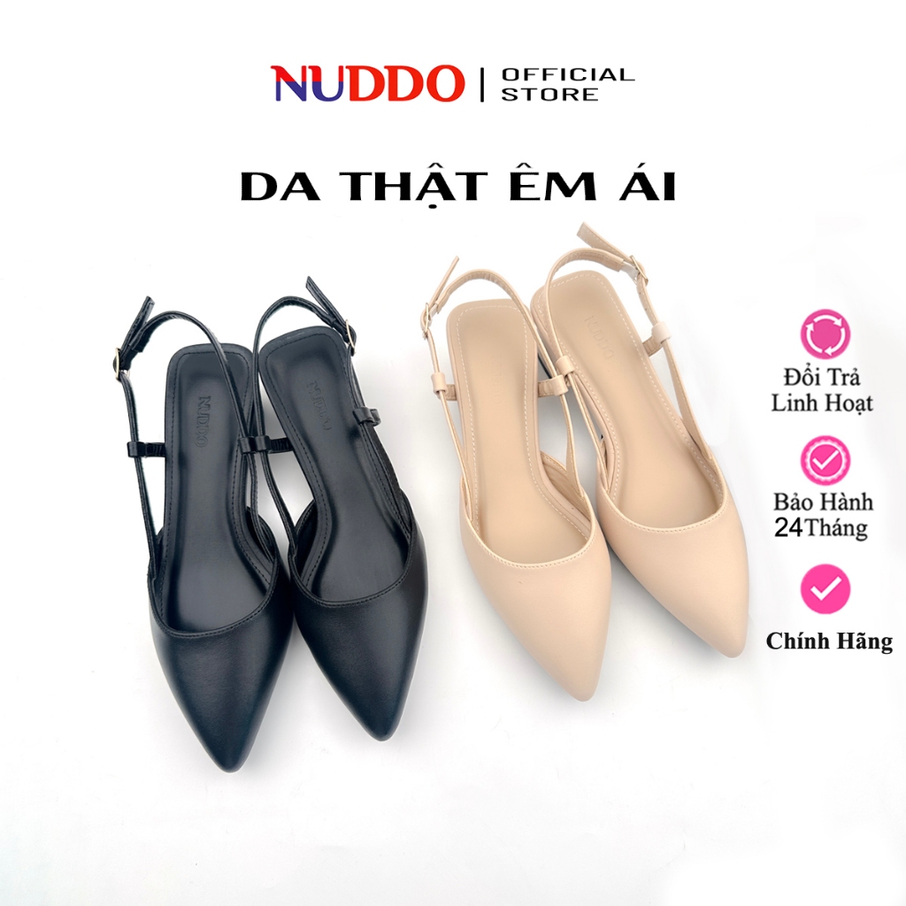 Guốc Nữ Sandal NUDDO Mũi Nhọn Gót Vuông 3cm, Giày Nữ Đế Thấp Quai Sau Da Thật Cao Cấp N368D