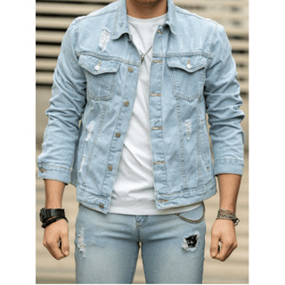 Áo Khoác Jean Nam Xanh Nhạt Rách Form Ôm Vải Denim Dày Dặn