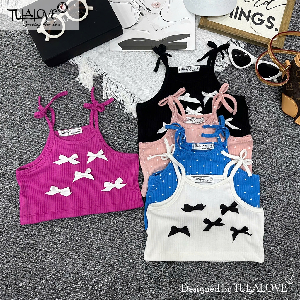 Áo Bé Gái 2 Dây Nơ Vải Thun Tăm Co Dãn Cực Tốt, Áo Thun Hai Dây Cho Bé Gái Tulalove