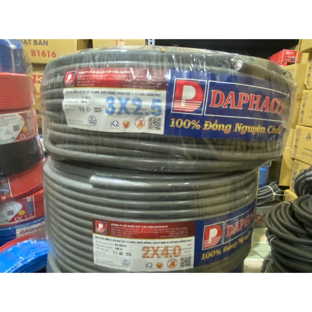 1 CUÔN 100M - DÂY DAPHACO 3X2.5 DÂY ĐIỆN 3 RUỘT VỎ BỌC XÁM CUỘN 100M LÕI 3X1,3mm2
