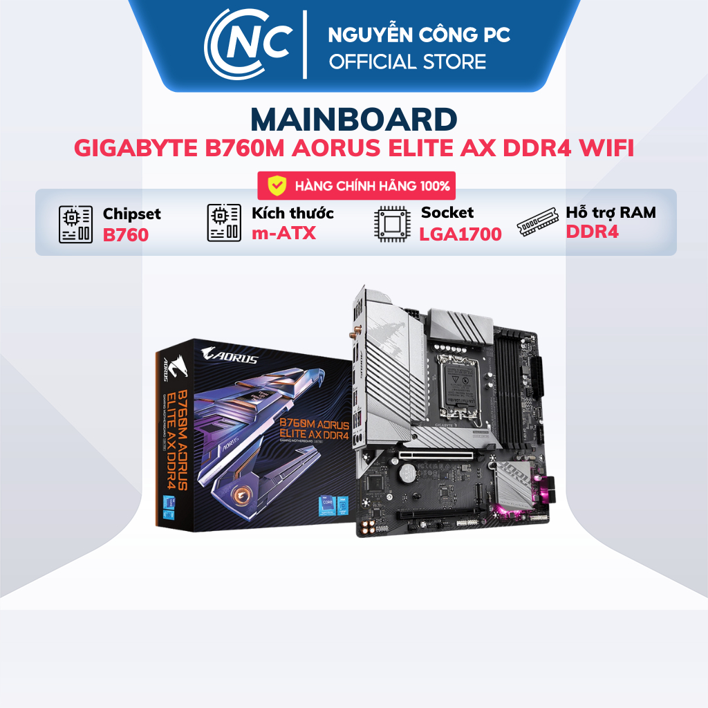 Mainboard Gigabyte B760M Aorus Elite AX DDR4 Wifi + Bluetooth - NEW - BH 36 Tháng
