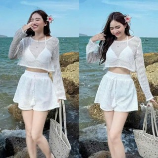 Set Lưới Đi Biển 3 Món: Áo Ren Dài Tay Hở Eo Kèm Áo Bra Có Đệm Ngực Mix Quần Giả Váy 2 Lớp Siêu Sexy (Ảnh Thật Trải Sàn)