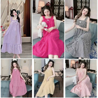 Váy 2 Dây Kẻ Karo, Đầm Ngủ Kẻ Karo Chất Đũi Xốp From Rộng Tới 70Kg
