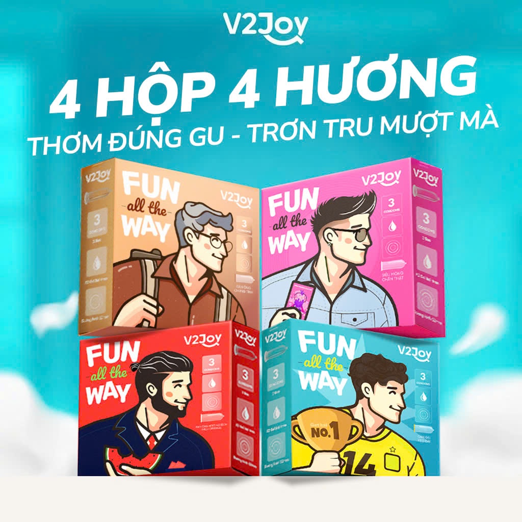 Bao cao su V2Joy 3in1 kéo dài, x2 gel bôi trơn - Hộp 3 bao Fun All The Way
