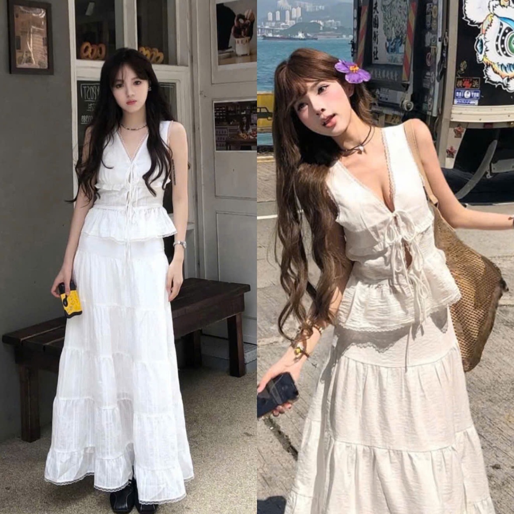 Set Áo Đũi Vân Sát Nách Cổ V Viền Ren Thắt Nơ Mix Chân Váy Maxi 5 Tầng Vibe Thơ Cực Kì (Ảnh Thật Trả
