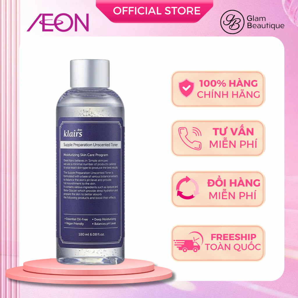 Nước hoa hồng Klairs không mùi cho da nhạy cảm Supple Preparation Unscented Toner 180ml Glam Beautique