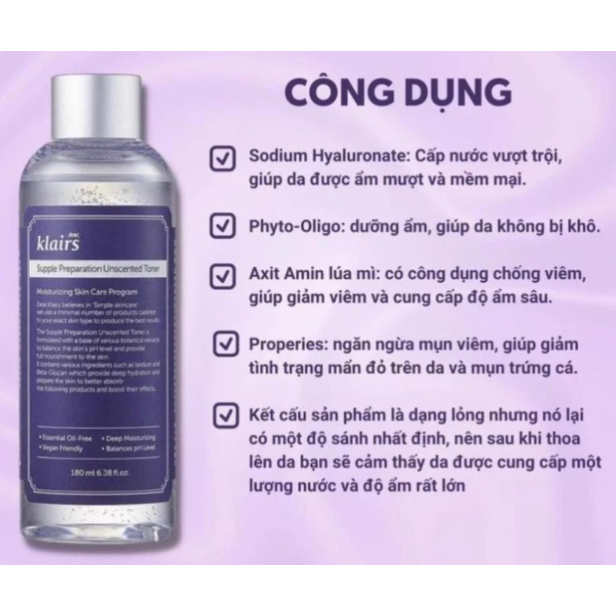 Nước hoa hồng Klairs không mùi cho da nhạy cảm Supple Preparation Unscented Toner 180ml Glam Beautique | BigBuy360 - bigbuy360.vn