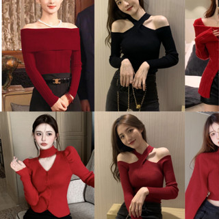 Áo len trễ vai nữ tay dài đỏ noel tết giáng sinh sexy gân dệt kim kiểu vắt cổ form rộng dáng Quảng Châu Hàn Quốc C1-3