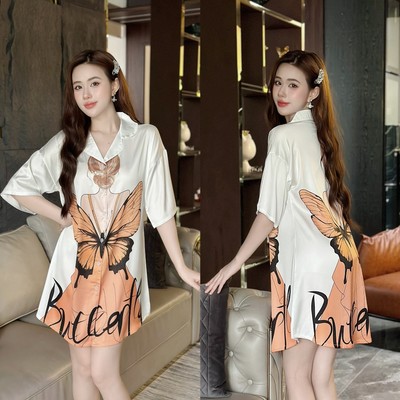 Váy ngủ sơ mi lụa Latin Hisexy đầm mặc nhà suông rộng thoải mái in hình cao cấp SM16