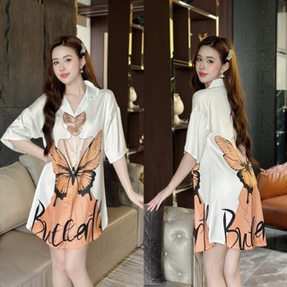 Váy ngủ sơ mi lụa Latin Hisexy đầm mặc nhà suông rộng thoải mái in hình cao cấp SM16