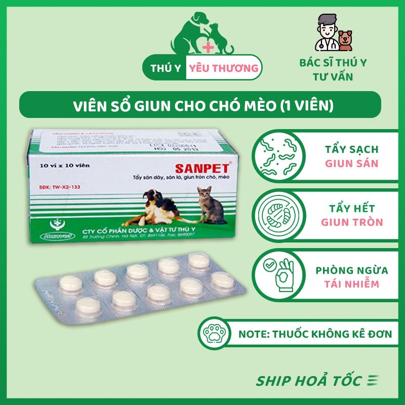 (Lẻ 1 viên) Viên tẩy giun sán cho chó mèo Sanpet Hanvet | Sổ giun thú cưng hiệu quả chính hãng công ty