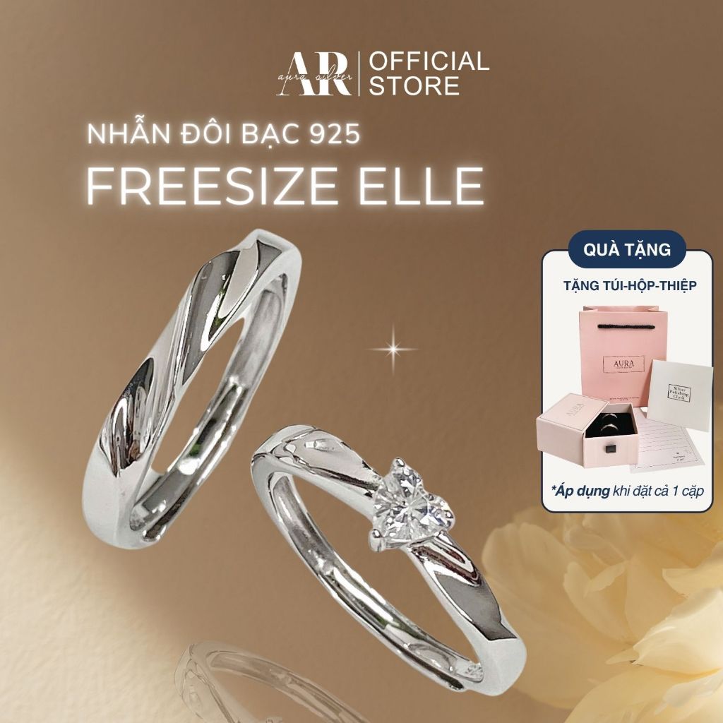 Nhẫn hẹn ước bạc Ý 925, nhẫn đôi nam nữ Promise Ring Freesize cặp trái tim đính đá Elle-AURA SILVER-ND17