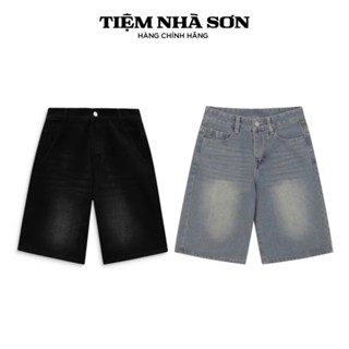 Quần Short Trơn Jean Wash Cạp Cao Fom Rộng Unisex Nam Nữ Tiệm Nhà SƠN
