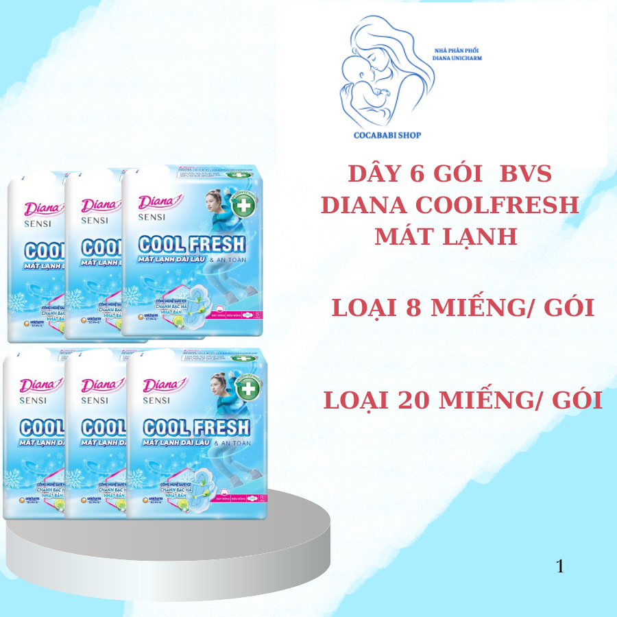 DÂY 6 GÓI Băng vệ sinh  Diana Sensi CoolFresh Mát lạnh bạc hà siêu mỏng cánh gói 8 miếng/ 20 miếng