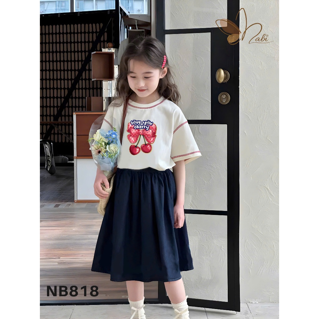 [B&G] Sét chân váy dài  kèm áo thun cotton in nơ cho bé gái từ 12-45kg(2-12 tuổi)