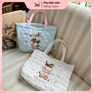  Túi tote chần bông thêu tay cún mèo cute túi xách đựng laptop đi học đi làm đi du lịch bánh bèo T07 