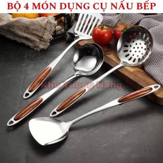 Bộ dụng cụ nhà bếp INOX nguyên chất Muôi (Vá) đặc cán gỗ CAO CẤP, Muôi lỗ, xẻng lỗ, xẻng đặc xào chiên rán cỡ ĐẠI