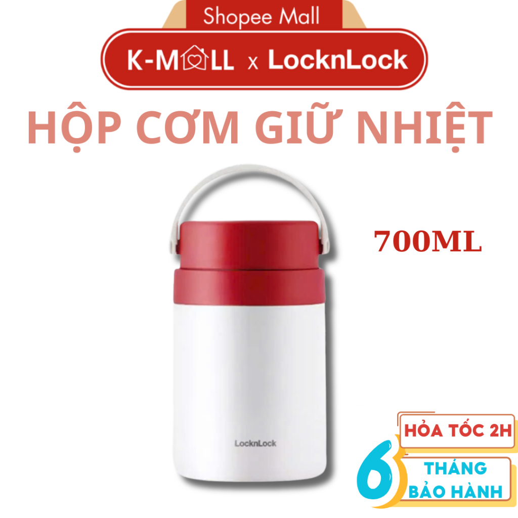 Hộp cơm giữ nhiệt LocknLock Handle Food Jar LHC8042RED Màu Đỏ, 700ml, 2 ngăn kèm muỗng Inox - K-MALL