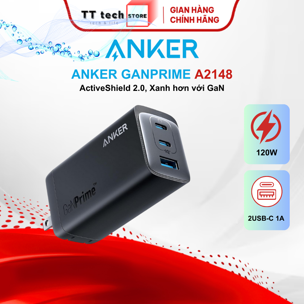 Củ sạc Anker GaNPrime A2148, công suất 120W, 3 cổng 2C 1A, công nghệ PowerIQ 4.0