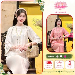 Bộ quần áo đi chùa Cổ Tròn Đính Đá Lụa Gấm Phượng Đằng cao cấp sang trọng tiểu thư - Pháp phục Tịnh Tâm