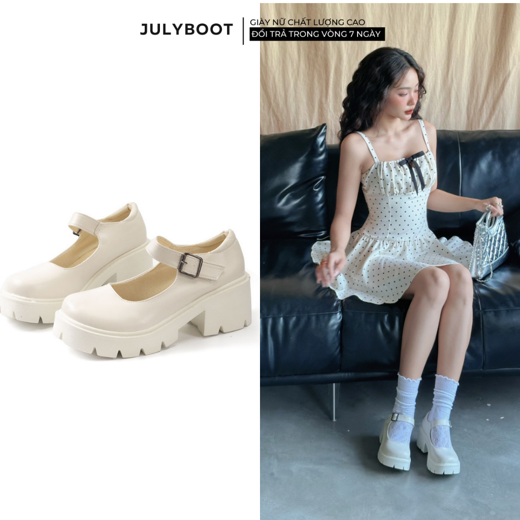 Giày Lolita Trắng Mary Jane Giày Búp Bê Quai Gài Da Bóng Đế cao 6 cm Sandal Nữ Đẹp mj1