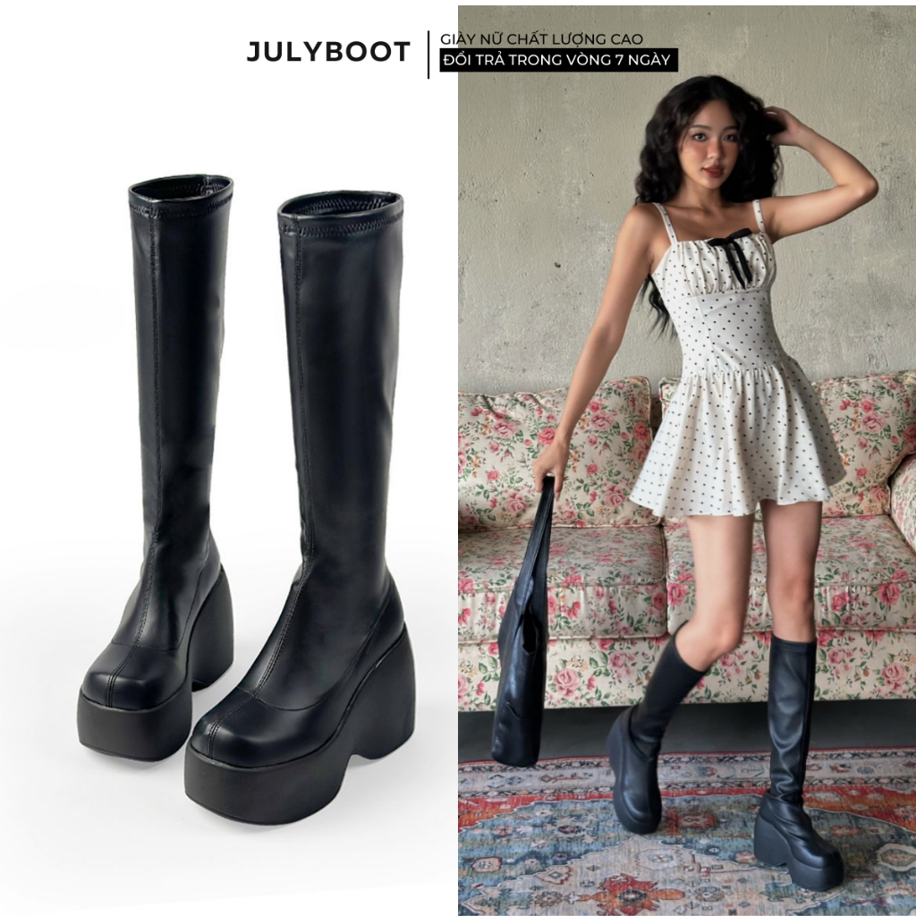 (lùi size) Giày Boot nữ Julyboot - Cổ Cao Đế Cao Đế Bánh Mì Khủng 10 cm  Big Size 43 - Giày Bốt nữ Bắp Chân Co Giãn yyt