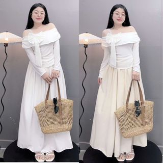 Set Phối 2 Món Bigsize Nữ Áo Thun Trễ Vai Tay Dài Nơ Kèm Chân Váy Lụa Xòe Thanh Lịch SET(A276+CV15)