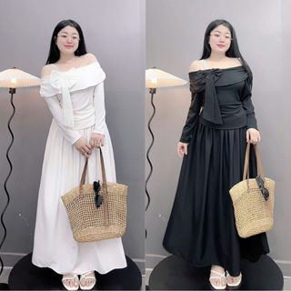Set bộ tiểu thư Bigsize nữ áo thun trễ vai gắn nơ xinh kèm chân váy A dài qua gối eo co giãn - SET( A276+CV15)