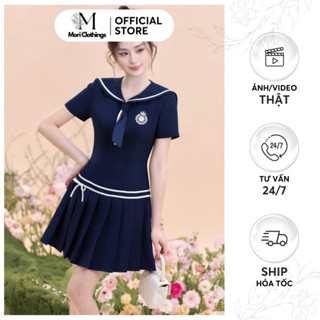 Váy Nữ Thiết Kế Cổ Thủy Thủ Phối Viền Thêu Logo Ngực Chân Váy Xếp Ly Thời Trang Nữ N271 | MORI CLOTHINGS