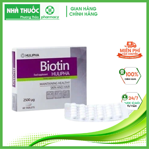Viên uống mọc tóc Biotin Hulipha - Hộp 60v Giúp tóc chắc khỏe, hỗ trợ giảm rụng tóc, đẹp da, chống l